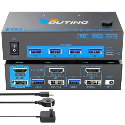 Abbildung von YOUTINGHDAV 2x2 KVM Switch 2 PC Monitore HDMI DP, USB 3.0 4K@144Hz 8K@60Hz,HDMI 2.1 Displayport 1.4 Dual Monitor für Teilen Maus Tastatur mit Kabelfernbedienung