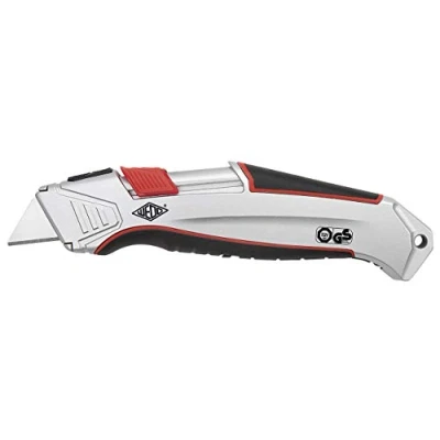 Abbildung von WEDO 78825 Safety Cutter Aluminium, automatischer Klingenrückzug, Aluminiumgehäuse, Gummi Griffzone, integriertes Magazin, TÜV/GS GEPRÜFT, inkl. 1 Ersatzklinge, Silber/Schwarz/Rot