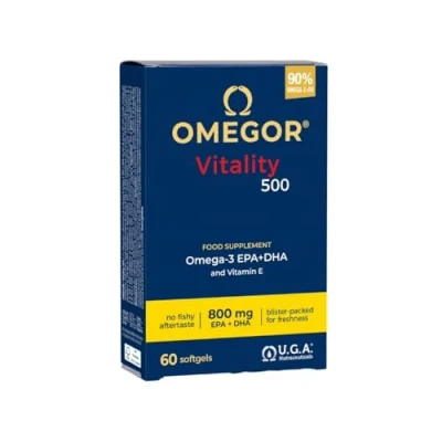 Abbildung von OMEGOR Vitality 500 Nahrungsergänzungsmittel auf Basis von Omega 3 Vitamin C und B12 Zink für Ihren Geist Hervorragend Ihre Herzgesundheit Antioxidative Eigenschaften 60 Kapseln