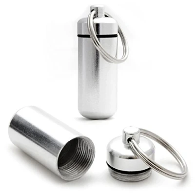 Abbildung von Ganzoo © Pillendose Mini Kapsel 2 Stück Pillenbox wasserdicht für Kleinteile, Aufbewahrungsbox Schlüsselanhänger mit Schraubverschluss (Gummidichtung), Höhe: 45mm, Aluminium, Farbe: Silber