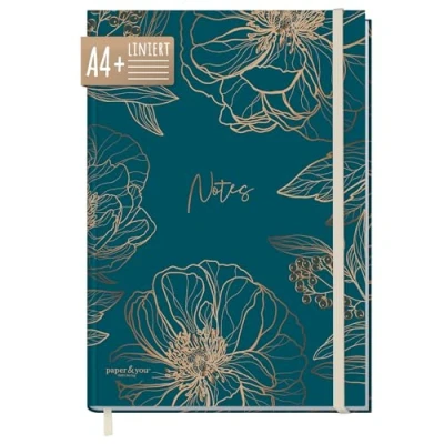 Abbildung von paper&amp;you® Notizbuch liniert A4+ mit Gummiband [Goldblüte] 156 Seiten, 78 Blatt liniertes Notebook, Bullet Journal, Skizzenbuch, Tagebuch nachhaltig &amp; klimafreundlich