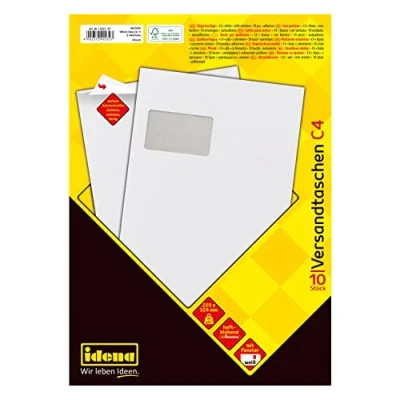 Abbildung von Idena 10232 Versandtasche DIN C4, 90 g/m², haftklebend, mit Fenster, weiß, 10 Stück