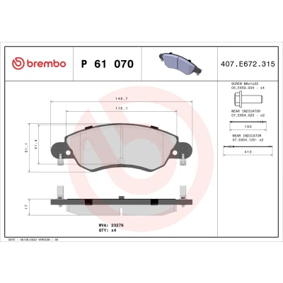 Abbildung von BREMBO P 61 070 Bremsbelagsatz inkl. Verschleißwarnkontakt mit Bremssattelschrauben ohne Zubehör CITROËN: C5 II Hatchback, I Hatchback