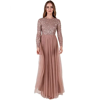 Abbildung von Maya Deluxe Damen Women&#039;s for Wedding Guest Plus Size Large Rich High Waist Sequins Long Sleeve Prom Evening Bridesmaid Dress, Pale Mauve, 42 EU