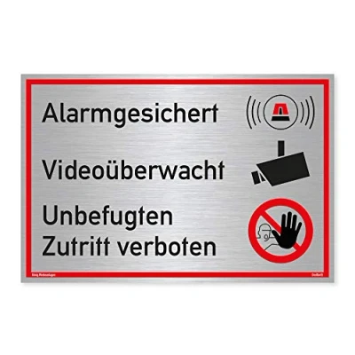 Abbildung von Schild Alarmgesichert Videoüberwacht Unbefugten Zutritt verboten stabiles Alu mit UV Schutz 30x20 cm Silber gebürstet edle Optik Alarmanlage Videoüberwachung Kameraüberwacht Dreifke®