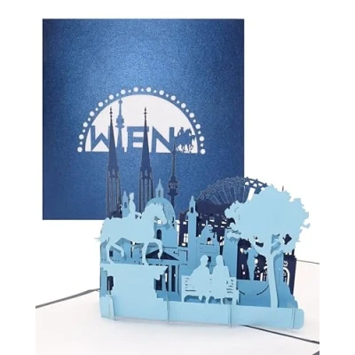 Abbildung von Grußkarte „Wien Panorama mit Riesenrad“ 3D Pop Up Karte Wiener Skyline Städtekarte als Souvenir, Einladung &amp; Reisegutschein zum City Trip nach Wien Österreich Urlaub
