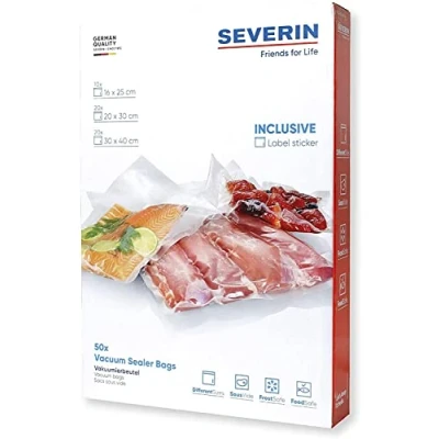 Abbildung von SEVERIN Vakuumierbeutel, Vorteilspaket 50 Stück in verschiedenen Größen, Ideal zum Einfrieren und Erhitzen sowie für das Sous Vide Garen, passend zu allen handelsüblichen Balken Vakuumierern, ZB 3625