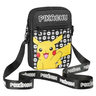 Abbildung von Pokemon Kinder Umhängetasche, Pikachu Reisetasche mit Verstellbarer Schultergurt, Großes Hauptfach Reißverschluss Geschenke (Schwarz Pikachu)
