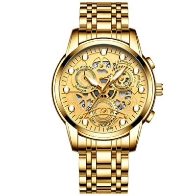 Abbildung von JewelryWe Herrenuhr Quarz Analog Armbanduhr 30M Wasserdicht Gold Edelstahl Armband Business Causual Uhr mit Kalender und Leuchtend Zeiger Vatertagsgeschenk