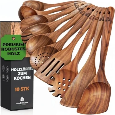 Abbildung von Holzkochlöffel 10 Stück kochlöffel holz Holzlöffel set aus Teakholz für das Kochen Holzkochlöffel, Pfannenwender holz, Suppenkelle, Natürlich, Perfekt Antihaft von Woodenhouse