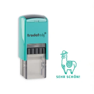 Abbildung von Trodat edy FIX Motivationsstempel für Lehrer und Pädagogen, Stempelset zum Motivieren 1 Motiv Lama SEHR SCHÖN, Deutsch, Gehäuse Mint grün, Abdruck Selbstfärbend, 20 x mm