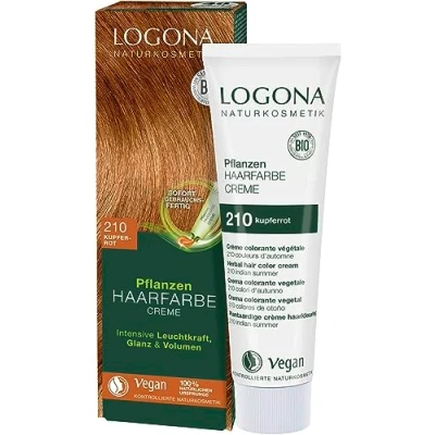 Abbildung von LOGONA Naturkosmetik Pflanzen Haarfarbe Creme 210 Kupferrot, Kupferrote Natur mit Henna, vegane Farbcreme für eine dauerhafte Coloration, schonende Färbung glänzendes Haar, 150ml
