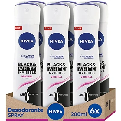 Abbildung von NIVEA Black &amp; White Invisible Original Spray im 6er Pack (6 x 200 ml), Deo Fleckenpflege für Damen, zum Schutz von Haut und Kleidung