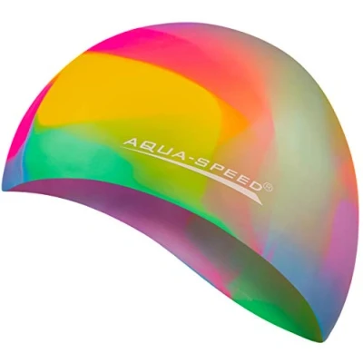 Abbildung von Aqua Speed Bunt Badekappe wasserdicht + Kleines Mikrofaserhandtuch Damen &amp; Herren Bunte Bademütze Sport Badehaube für Frauen Männer Schwimmhaube aus Silikon Kinder 61. / 54