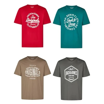 Abbildung von JACK &amp; JONES Tshirt Herren Regular Fit JJLINO 4er Pack Set Rundhals Kurzarm Sommer Tee Shirt Print, Größe:S, Farbe:Pack 2