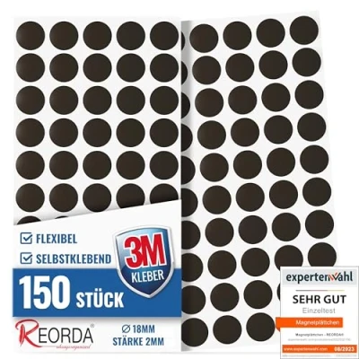 Abbildung von REORDA® Magnetplättchen selbstklebend Magnetstreifen 3M Kleber ermöglicht stärkste Klebekraft Flache Magnete I Magnetfolie (150 Stück (3M Kleber))