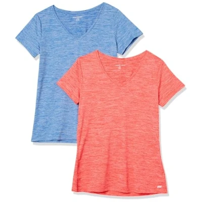 Abbildung von Amazon Essentials Damen Tech Stretch T Shirt mit kurzen Ärmeln und V Ausschnitt (erhältlich in Übergröße), 2er Pack, Hellblau Space dye/Korallenorange dye, XS
