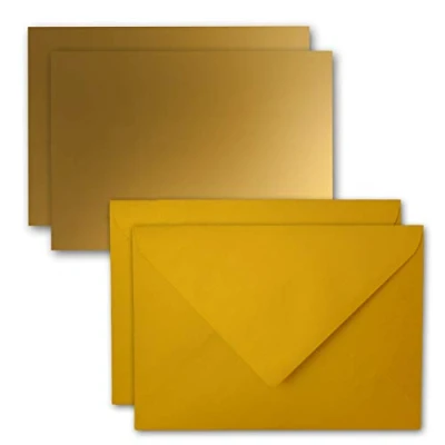 Abbildung von 25x Karte mit Umschlag Set aus Einzel Karten DIN A7 10,5x7,3 cm Gold Brief Umschlägen C7 Nassklebung ideale Geschenkanhänger