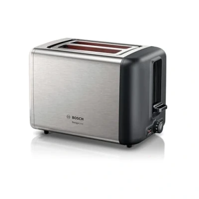Abbildung von Bosch Kompakt Toaster DesignLine TAT3P420DE, integrierter Edelstahl Brötchenaufsatz, mit Abschaltautomatik, Auftaufunktion, perfekt für 2 Scheiben Toast, Liftfunktion, 970 W, Edelstahl/schwarz