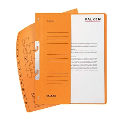 Abbildung von Original Falken 50er Pack Einhakhefter. Made in Germany. Aus Recycling Karton mit halbem Vorderdeckel und Behördenheftung für DIN A4 orange Hefter Sammelmappe Dokumentenmappe