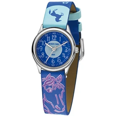 Abbildung von JACQUES FAREL Kinder Armbanduhr Pferd Sterne lila blau Analog Quarz Metall Kunstleder HCC 338
