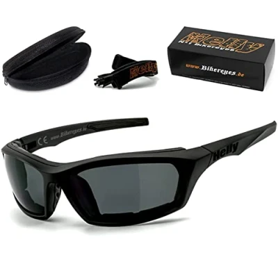 Abbildung von HELLY® No.1 Bikereyes® Motorradbrille, Multifunktionsbrille, Bikerbrille beschlagfrei, winddicht HLT® Kunststoff Sicherheitsglas nach DIN EN 166 Bügel &amp; Band i stealth (smoke)
