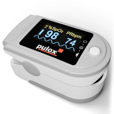 Abbildung von Pulsoximeter Pulox PO 200A Solo mit Alarm und Pulston in Grau für die Messung von Puls, Sauerstoffsättigung PI am Finger