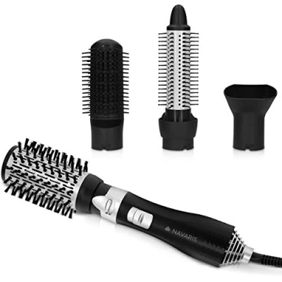 Abbildung von Navaris Warmluftbürste mit 4 Aufsätzen Stylingdüse Thermobürste Rundbürste einziehbaren Borstenreihen Paddle Brush Keramik Locken Bürste