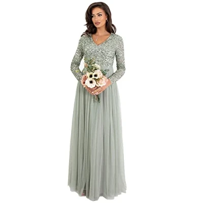 Abbildung von Maya Deluxe Women&#039;s Womens Ladies Sleeve for Wedding Guest V Neck High Empire Waist Maxi Long Length Evening Bridesmaid Prom Dress, Green Lily, 44 EU
