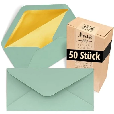 Abbildung von Japun Briefumschläge (50 Stück), Kuvert, Umschlag ohne Fenster DIN lang 220 x 110 mm innen: Gold Papier Farbe: grün