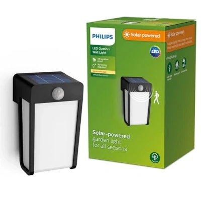 Abbildung von Philips Outdoor Solar Shroud Wandleuchte 2,3W, Tageslicht und Bewegungssensor, matt, 2700 Kelvin, IP44 wetterfest, schwarz