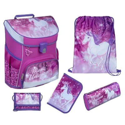 Abbildung von Familando Mädchen Schulranzen 1. Klasse · Scooli Campus Fit Schultasche ergonomisch &amp; leicht Kinder Set für (5 teilig mit Federmappe, Magic Unicorn Lila)