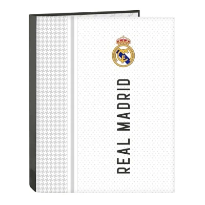 Abbildung von Real Madrid 1. Team 24/25, Ordner mit 4 Ringen, ideal für Kinder verschiedener Altersgruppen, bequem und vielseitig, Qualität Widerstandsfähigkeit, 26,5 x 33 cm, Weiß/Grau