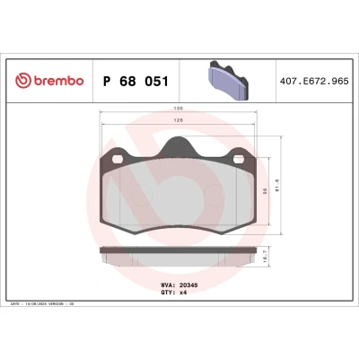Abbildung von BREMBO P 68 051 Bremsbelagsatz exkl. Verschleißwarnkontakt ohne Zubehör RENAULT: CLIO 2, MORGAN: Aero 8 Convertible