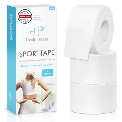 Abbildung von Health Press® Sporttape 3 Tape Rollen (3,8cm x 10m) weiß reißbares Profi Sport Tapeverband für alle Sportarten