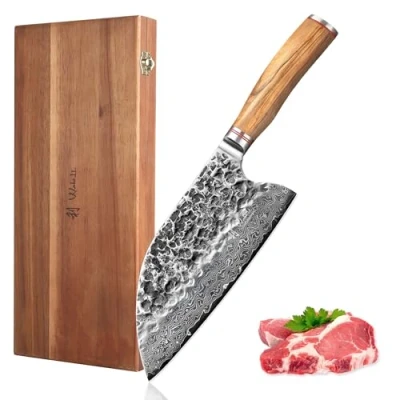 Abbildung von Wakoli Olive HS Damastmesser Chai Dao Kochmesser I 20 cm Klinge gefertigt aus 67 Lagen echtem Damaststahl mit edlem Olivenholzgriff und Hammerschlag Premium Küchenmesser in edler Holzbox