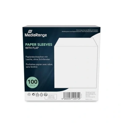 Abbildung von MediaRange Papiertaschen für 1 Disc, mit Lasche, ohne Sichtfenster, weiß, 100er Pack