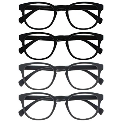 Abbildung von OPULIZE Pop Lesebrille 4er Pack Keck Rund Matt Rahmen Federscharniere Kratzfest Schwarz Grau Herren Damen RRRR2 1177 +1.50