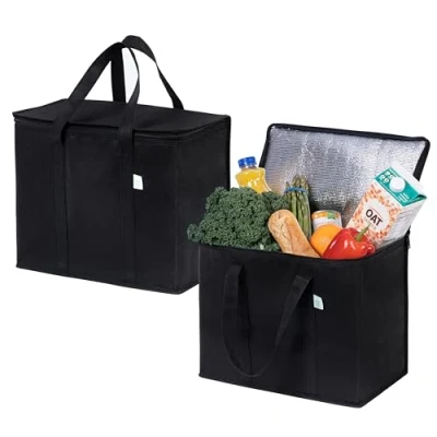 Abbildung von VENO 29 Liter Einkaufstasche Wiederverwendbare Faltbar Kühltasche, Groß Picknickkorb Robuste Isoliertasche Lunchtasche, Aufrecht Stehend Thermotasche (Schwarz, 2er Pack)