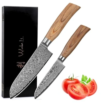 Abbildung von Wakoli Edib Pro Premium 2er Santoku Damastmesser Set mit 11 und 16 cm Klingen gefertigt 67 Lagen echtem Damaststahl Pakkaholzgriff I Küchenmesserset Profi Kochmesser