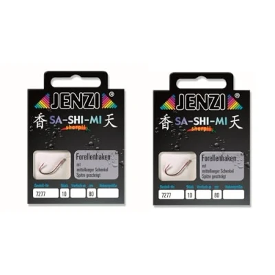 Abbildung von 2 Packungen Set JENZI gebundene Forellenhaken (20 Stück) Mono, 80cm Hakengröße 4, 6, 8, 10 &amp; 12 je nach Auswahl + gratis Petri Heill! Aufkleber (Hakengröße 8)