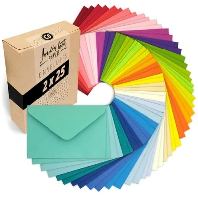 Abbildung von Japun 50 farbige Briefumschläge im Set (2 x 25 Farben) aus Papier, Kuvert, Umschlag ohne Fenster DIN C6 162 114 mm 120 g/m² bunt