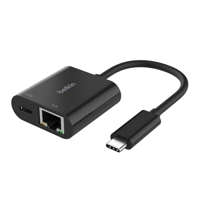 Abbildung von Belkin USB C/Ethernet und Ladeadapter (100 W) mit Gigabit Ethernet C Anschluss 10/100/1000 Mbit/s für eine schnelle Internetverbindung kompatibel iPhone 16, Samsung Galaxy S24 usw.