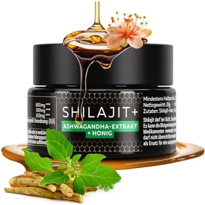 Abbildung von Original Shilajit + Ashwagandha &amp; Manuka Honig 25g 82% Fulvinsäure Mumijo Hochdosiert I Natürlicher Geschmack 60 Tage Sonnen Trocknung Traditionelle Handernte inkl. 500mg Dosierlöffel
