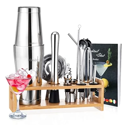 Abbildung von Cocktail Shaker Set Barkeeper Kit, Godmorn 16Pcs Boston Bar Tool Set, 304 Edelstahl Martini mit Bambus Ständer und Rezeptbuch, Drink Mixer für Haus Bar, Barware