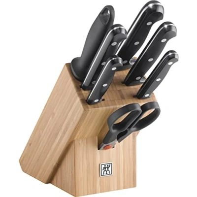 Abbildung von ZWILLING Twin Chef Messerblock, 8 teilig, Bambusblock, Messer, Wetzstab und Schere, Rostfreier Spezialstahl/Kunststoff Griff im Nietendesign, Schwarz