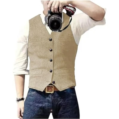 Abbildung von Solovedress Herren Casual Wolle Fischgrätmuster Anzug Weste V Ausschnitt Tweed für Hochzeit Groomsmen(Champagner,M)
