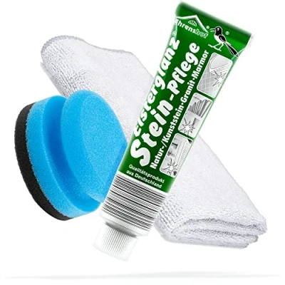 Abbildung von detailmate Politur Bundle mit 150ml XXL Tube Elsterglanz Steinpflege Polierpaste + Premium Microfasertuch Schwamm Reinigt, poliert und konserviert Marmor Granit, Natur /Kunststein