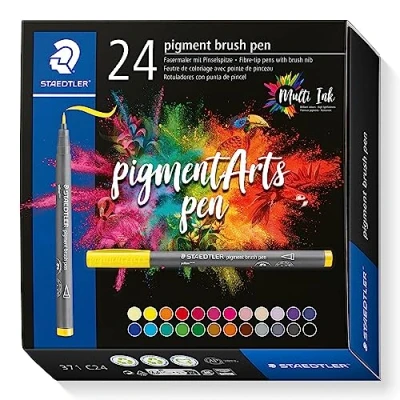 Abbildung von STAEDTLER brush pen pigment Arts, Premium Zeichentusche, Pinselspitze für variable Linienbreite, wasserfest, schnelltrocknend, 24 pens in sortierten Farben im Kartonetui, 371 C24