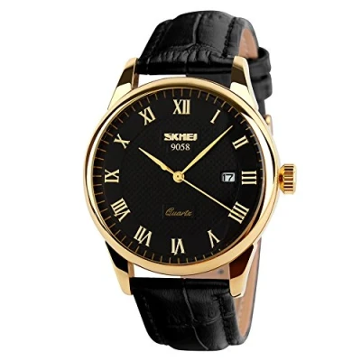 Abbildung von SKMEI Business Herren Quarz Armbanduhr, römische Ziffern, Lederband, lässig, wasserabweisend, analoge Uhren, Schwarz + Gold,